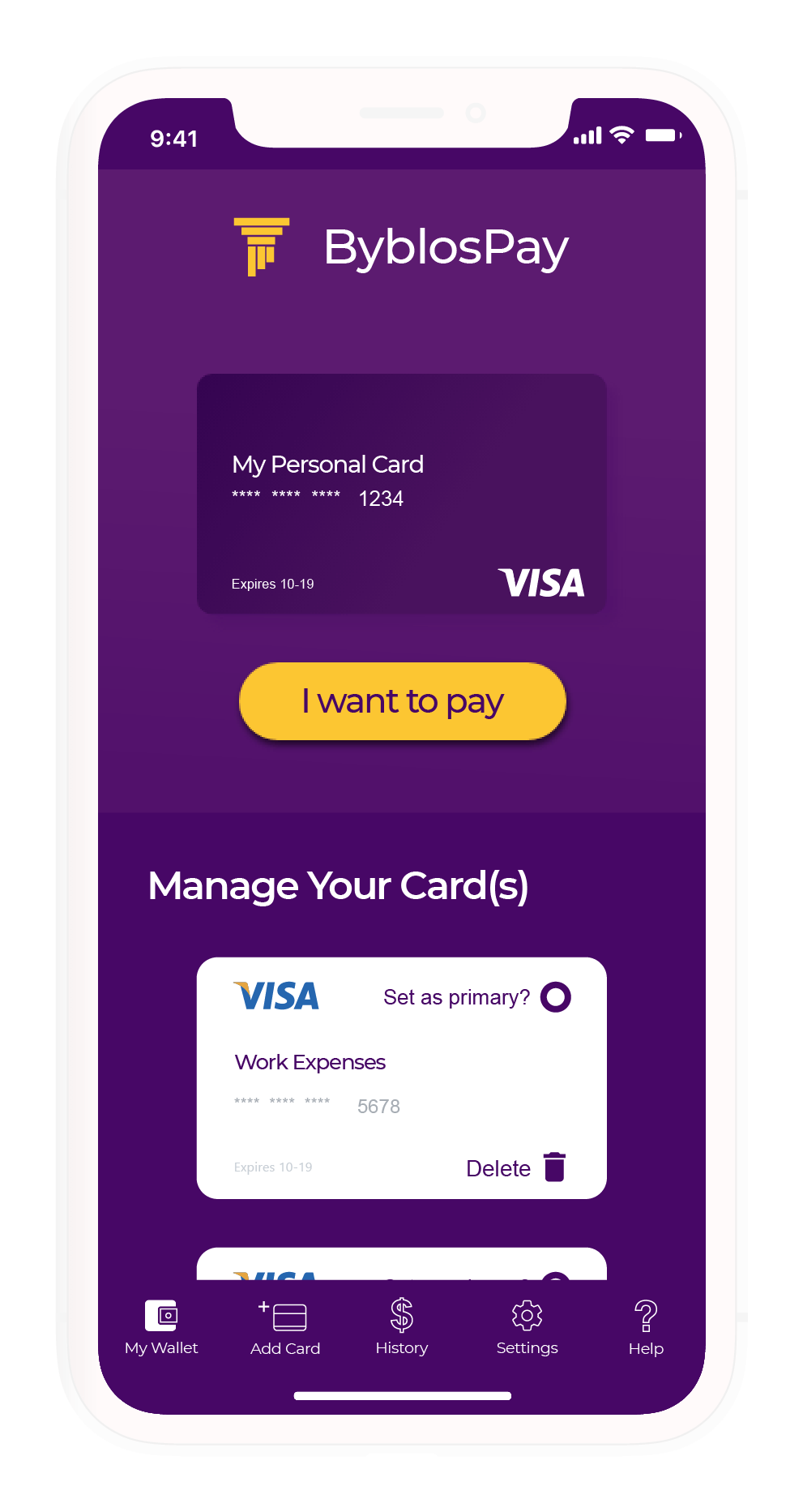 The UI design of the card wallet screen showing the Pay button, and the cards associated with the wallet